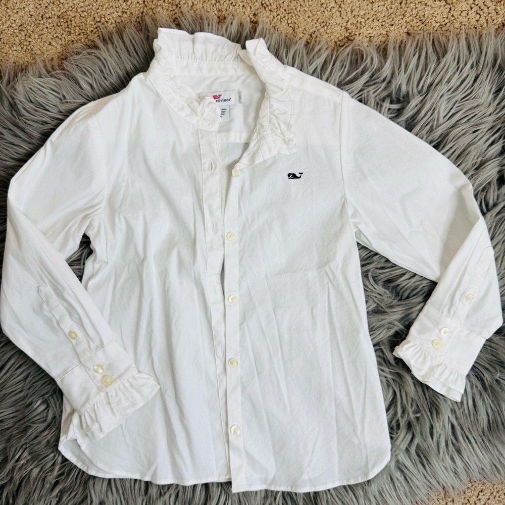 Vineyard Vines White Kids Button Down Shirt with Ruffle Collar
